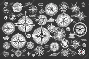 world map background, compass and entrepreneurship elements tattoo idea
