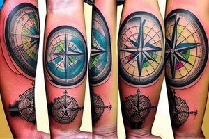 world map background, compass and entrepreneurship elements tattoo idea