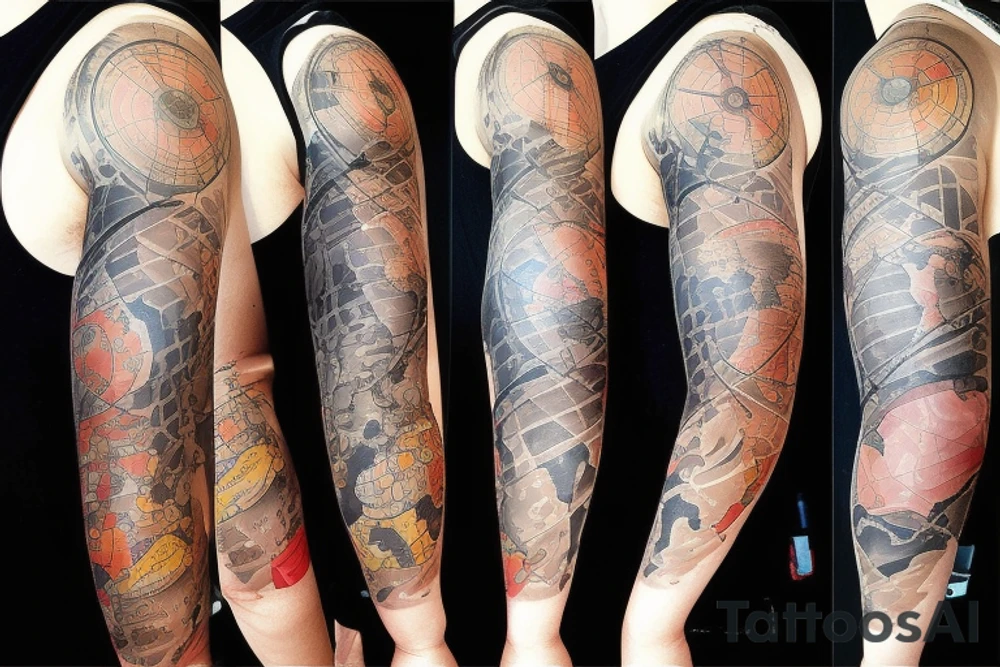 full sleeve tatoo with world map background, compass and entrepreneurship elements tattoo idea
