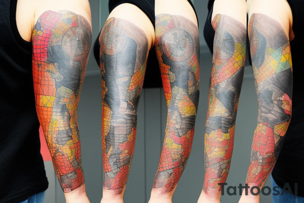 full sleeve tatoo with world map background, compass and entrepreneurship elements tattoo idea