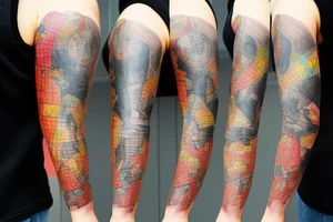 full sleeve tatoo with world map background, compass and entrepreneurship elements tattoo idea