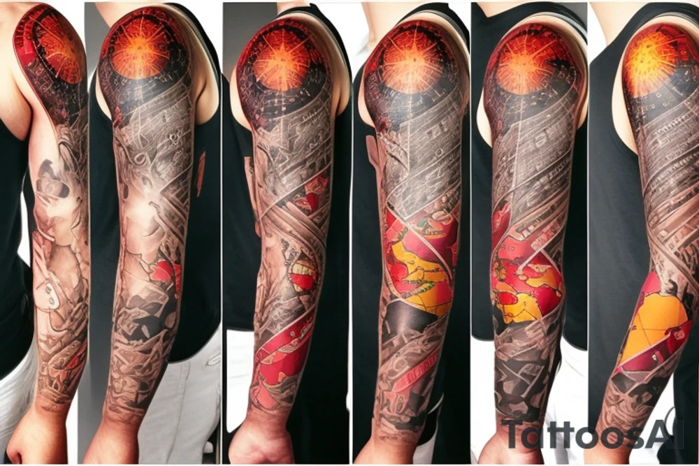 full sleeve tatoo with world map background, compass and entrepreneurship elements tattoo idea