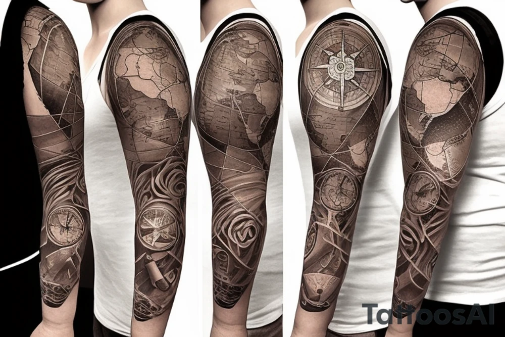 full sleeve tatoo with world map background, compass and entrepreneurship elements tattoo idea