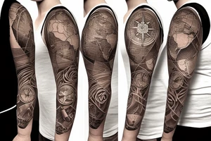 full sleeve tatoo with world map background, compass and entrepreneurship elements tattoo idea