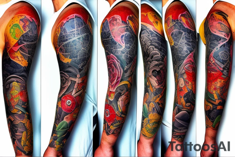 full sleeve tatoo with world map background, compass and entrepreneurship elements tattoo idea