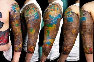 full sleeve tatoo with world map background, compass and entrepreneurship elements tattoo idea