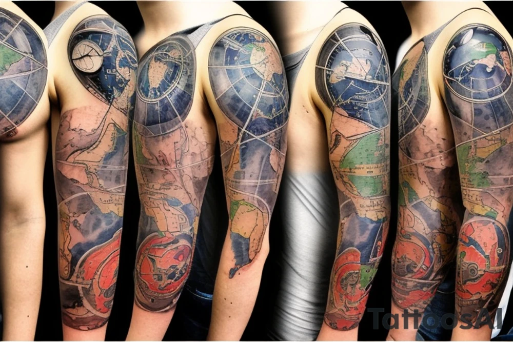 full sleeve tatoo with world map background, compass and entrepreneurship elements tattoo idea