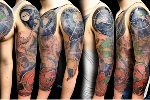 full sleeve tatoo with world map background, compass and entrepreneurship elements tattoo idea