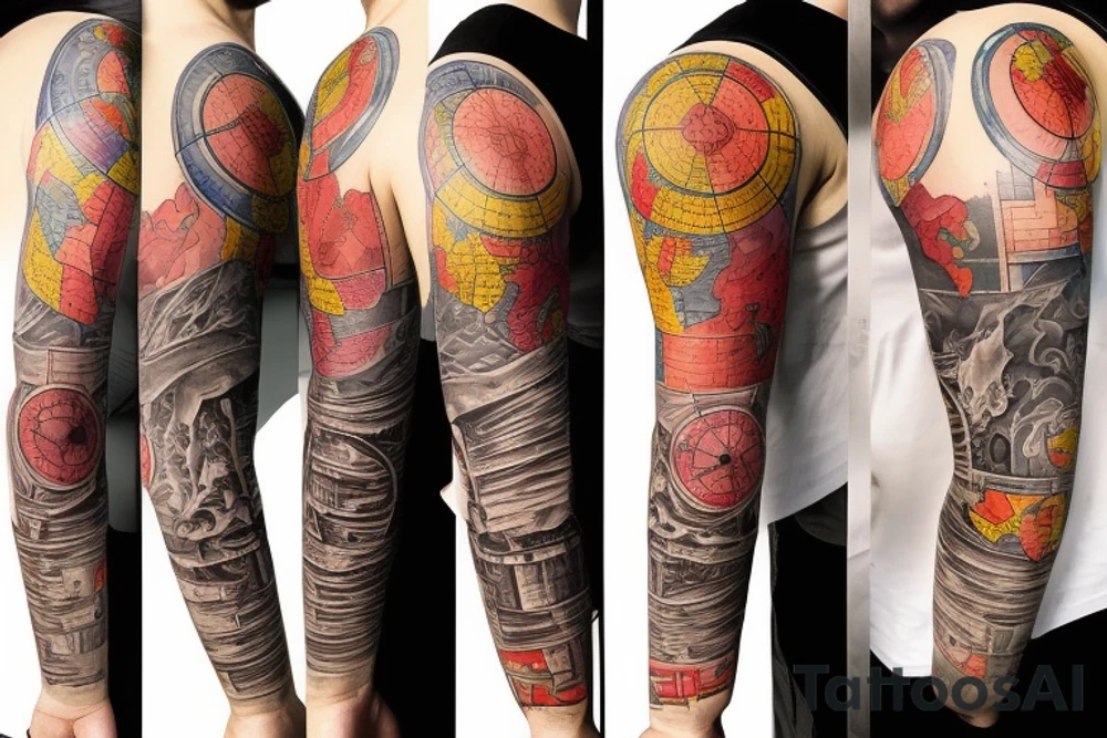 full sleeve tatoo with world map background, compass and entrepreneurship elements tattoo idea
