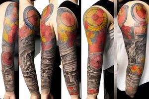 full sleeve tatoo with world map background, compass and entrepreneurship elements tattoo idea