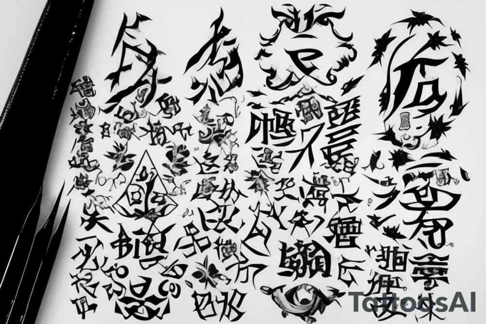 make an tattoo on a diamond shape with the tenjou tenge yuiga dokuson kanji written and gojo satoru on the background tattoo idea