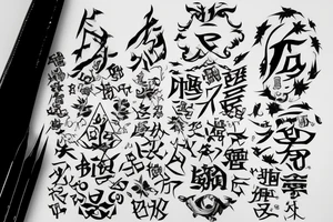 make an tattoo on a diamond shape with the tenjou tenge yuiga dokuson kanji written and gojo satoru on the background tattoo idea