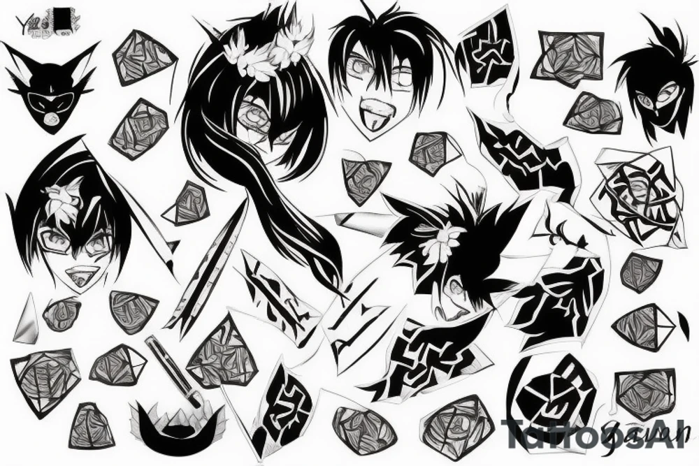 make an tattoo on a diamond shape with the tenjou tenge yuiga dokuson kanji written and gojo satoru on the background tattoo idea