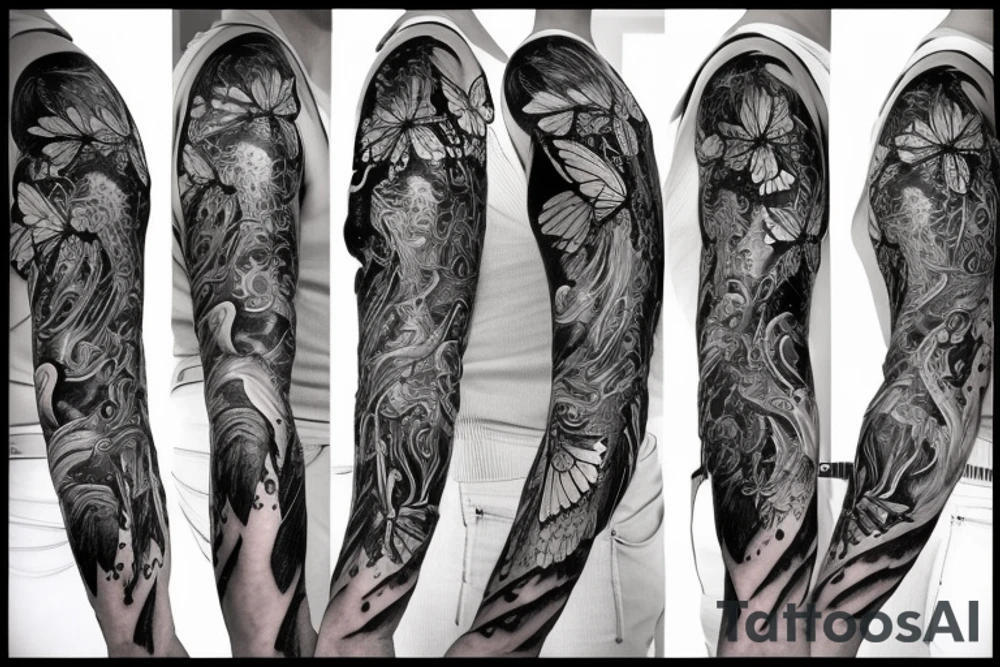 full sleeve tattoo having medusa, butterflies, Scorpio and crows in it. tattoo idea