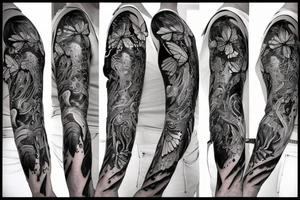 full sleeve tattoo having medusa, butterflies, Scorpio and crows in it. tattoo idea