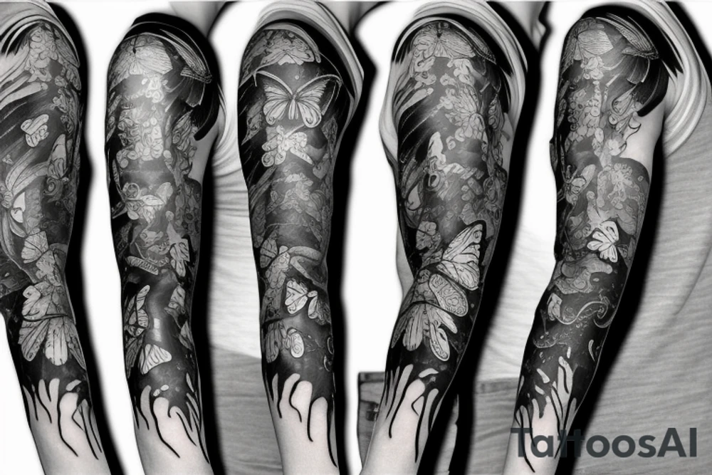 full sleeve tattoo having medusa, butterflies, Scorpio and crows in it. tattoo idea