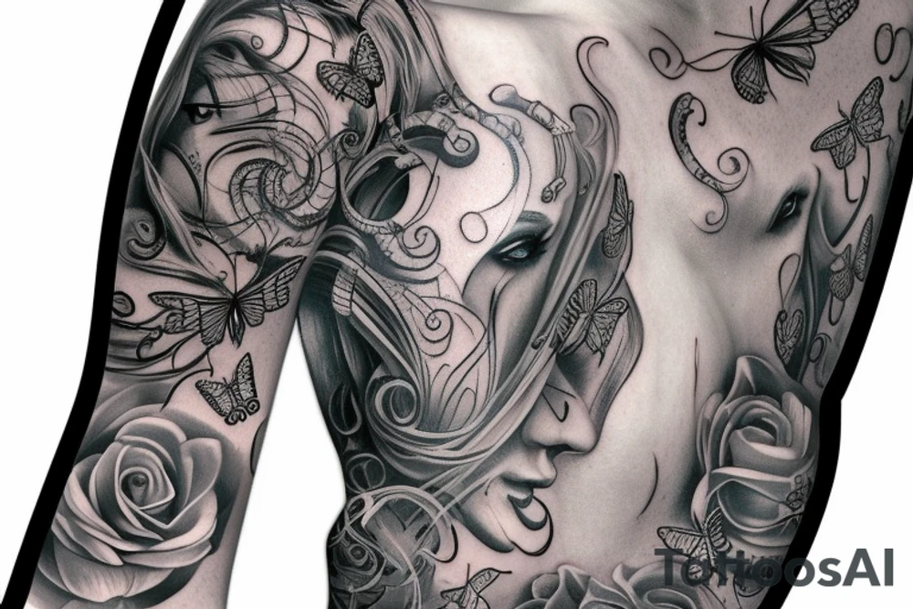 full sleeve tattoo having medusa and butterflies. tattoo idea