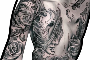 full sleeve tattoo having medusa and butterflies. tattoo idea