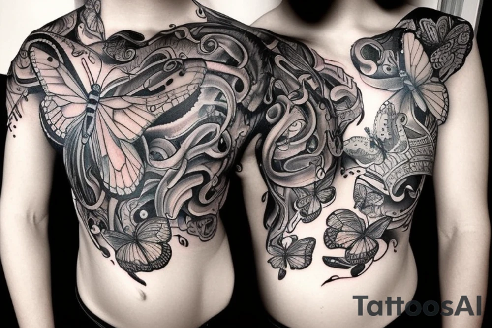 full sleeve tattoo having medusa and butterflies. tattoo idea