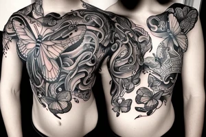 full sleeve tattoo having medusa and butterflies. tattoo idea