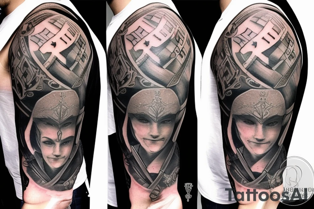 male fighter with big sword and shield tattoo idea