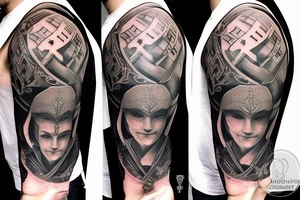 male fighter with big sword and shield tattoo idea