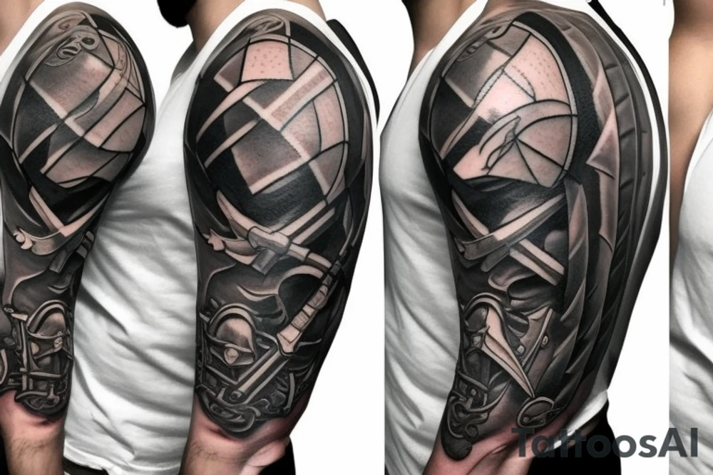 male fighter with big sword and shield tattoo idea