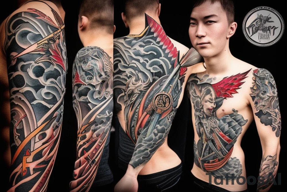 male fighter recharging its sword power from sky tattoo idea