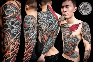 male fighter recharging its sword power from sky tattoo idea