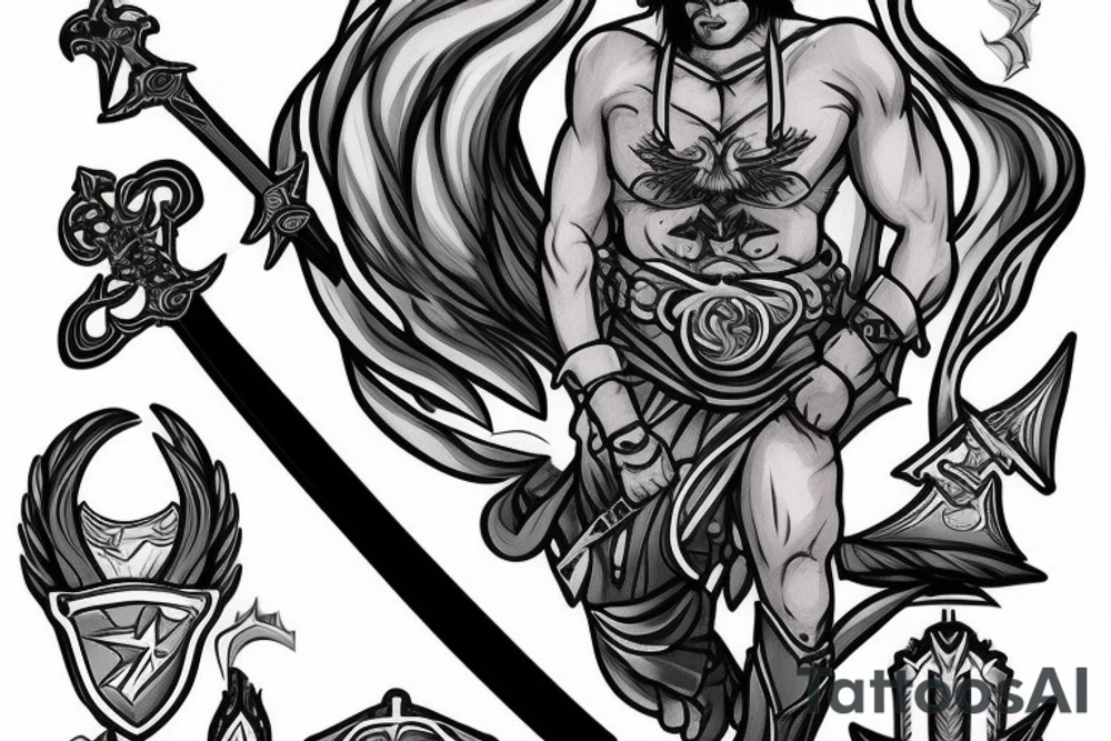 male fighter recharging its sword power from sky tattoo idea