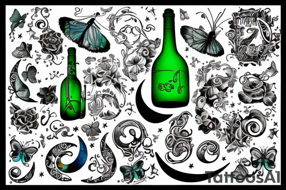 bass guitar clef, coldplay butterfly, moon and a bottle of stones green ginger wine tattoo idea