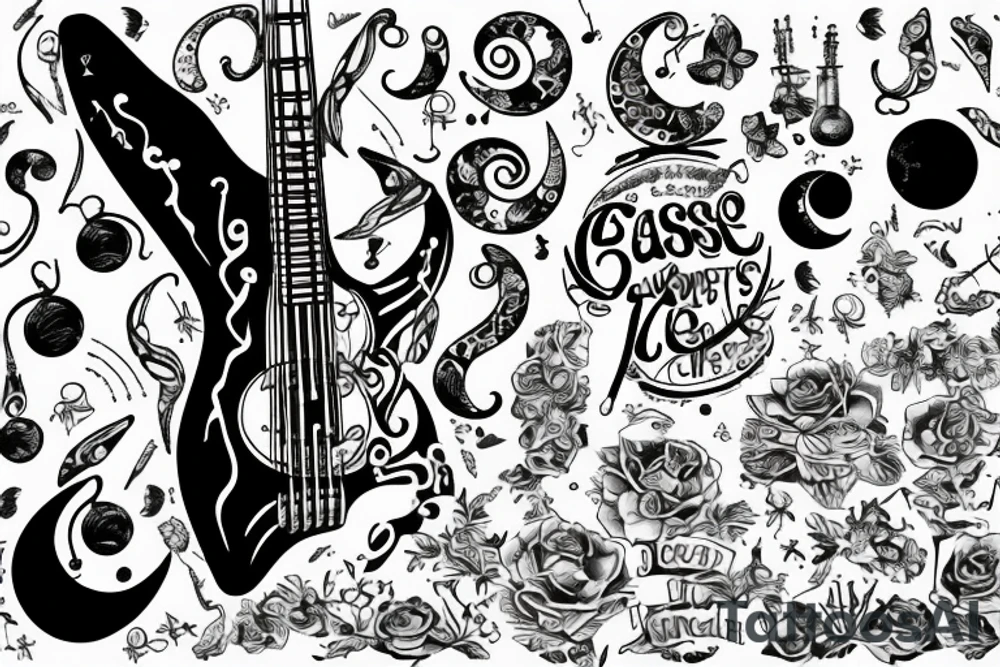 bass guitar clef, coldplay butterfly, moon and a bottle of stones green ginger wine tattoo idea