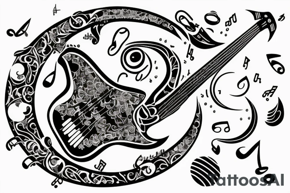 bass guitar clef, coldplay butterfly, moon and a bottle of stones green ginger wine tattoo idea