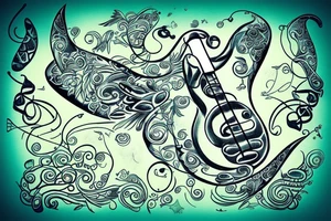 bass guitar clef, coldplay butterfly, moon and a bottle of stones green ginger wine tattoo idea