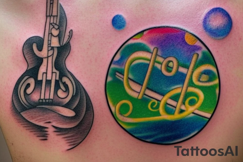 bass guitar clef, the words "lights will guide you home, and ignite your bones, and I will try to fix you", a bottle of green wine, and 3 crotchets and 2 joined quavers. All incoporated in a circle moon. tattoo idea