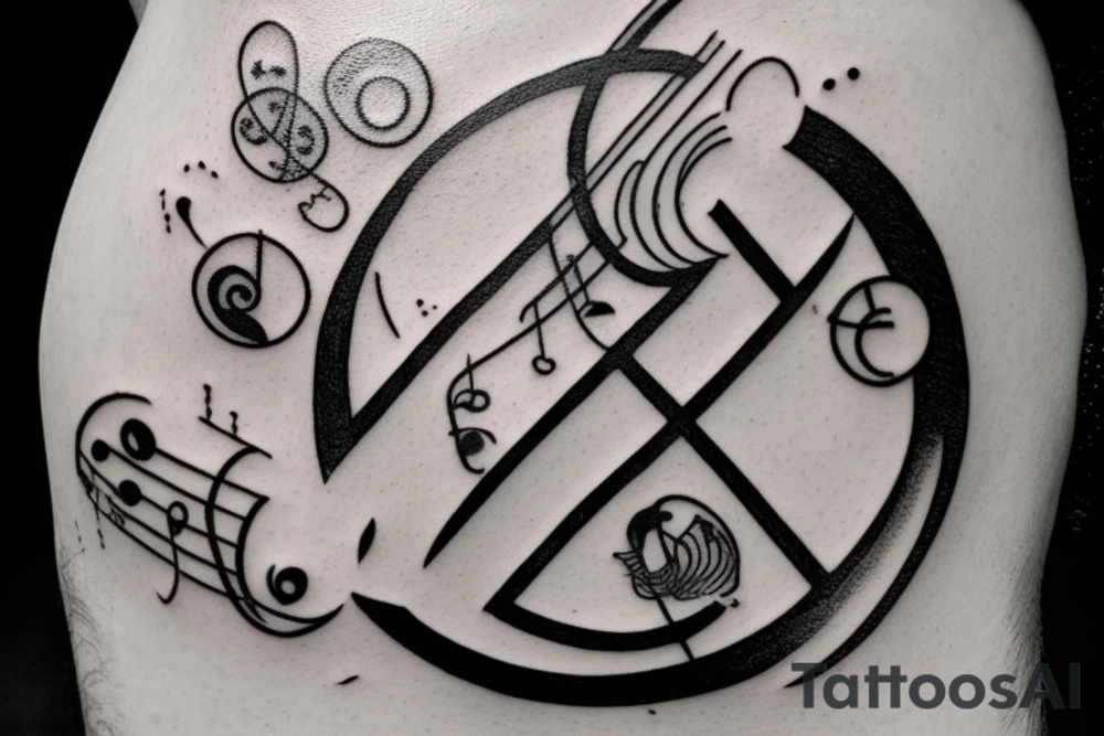 bass guitar clef, the words "lights will guide you home, and ignite your bones, and I will try to fix you", a bottle of green wine, and 3 crotchets and 2 joined quavers. All incoporated in a circle moon. tattoo idea