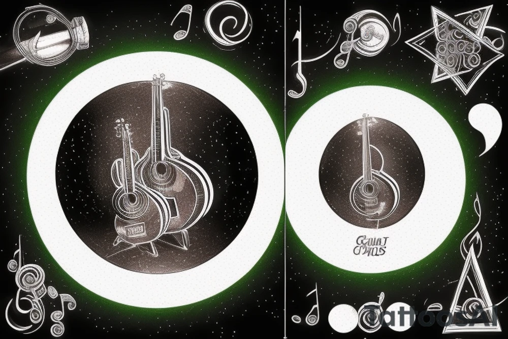bass guitar clef, the words "lights will guide you home, and ignite your bones, and I will try to fix you", a bottle of green wine, and 3 crotchets and 2 joined quavers. All incoporated in a circle moon. tattoo idea