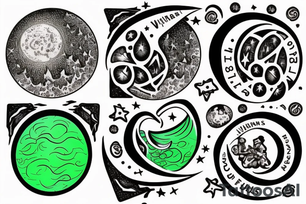 The words "lights will guide you home, and ignite your bones, and I will try to fix you", a bottle of green wine, and 3 crotchets and 2 joined quavers. All incoporated in a circle moon. tattoo idea