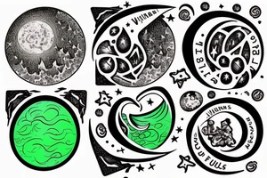 The words "lights will guide you home, and ignite your bones, and I will try to fix you", a bottle of green wine, and 3 crotchets and 2 joined quavers. All incoporated in a circle moon. tattoo idea