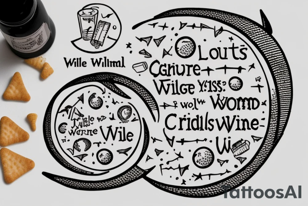 The words "lights will guide you home, and ignite your bones, and I will try to fix you", a bottle of green wine, and 3 crotchets and 2 joined quavers. All incoporated in a circle moon. tattoo idea