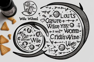 The words "lights will guide you home, and ignite your bones, and I will try to fix you", a bottle of green wine, and 3 crotchets and 2 joined quavers. All incoporated in a circle moon. tattoo idea