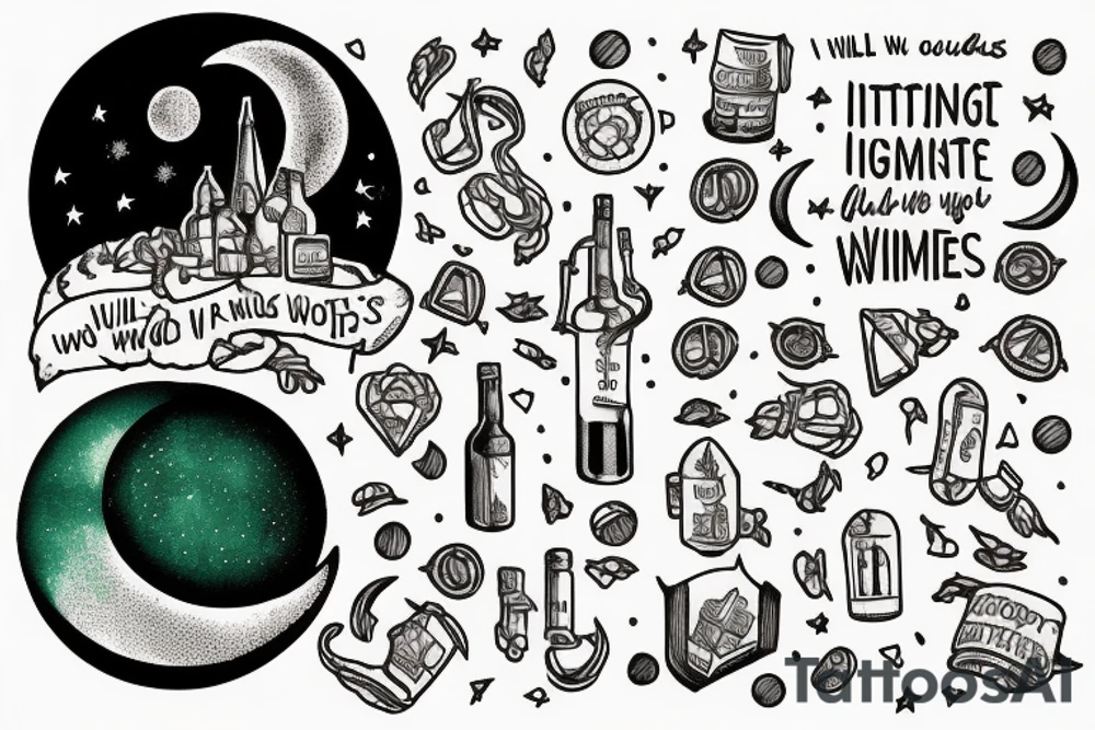 The words "lights will guide you home, and ignite your bones, and I will try to fix you", a bottle of green wine, and 3 crotchets and 2 joined quavers. All incoporated in a circle moon. tattoo idea