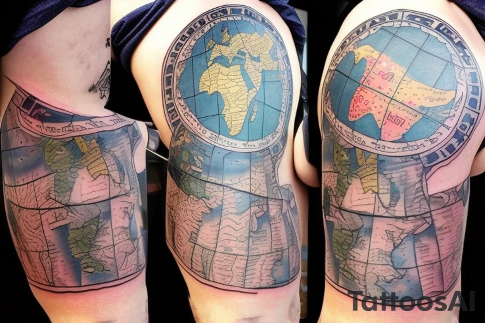 full sleeve tatoo with world map background, compass and entrepreneurship elements tattoo idea