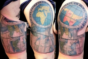 full sleeve tatoo with world map background, compass and entrepreneurship elements tattoo idea