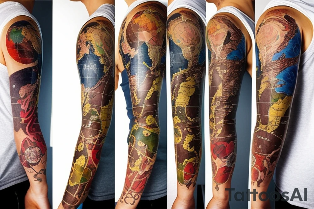 full sleeve tatoo with world map background, compass and entrepreneurship elements tattoo idea