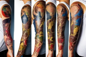 full sleeve tatoo with world map background, compass and entrepreneurship elements tattoo idea