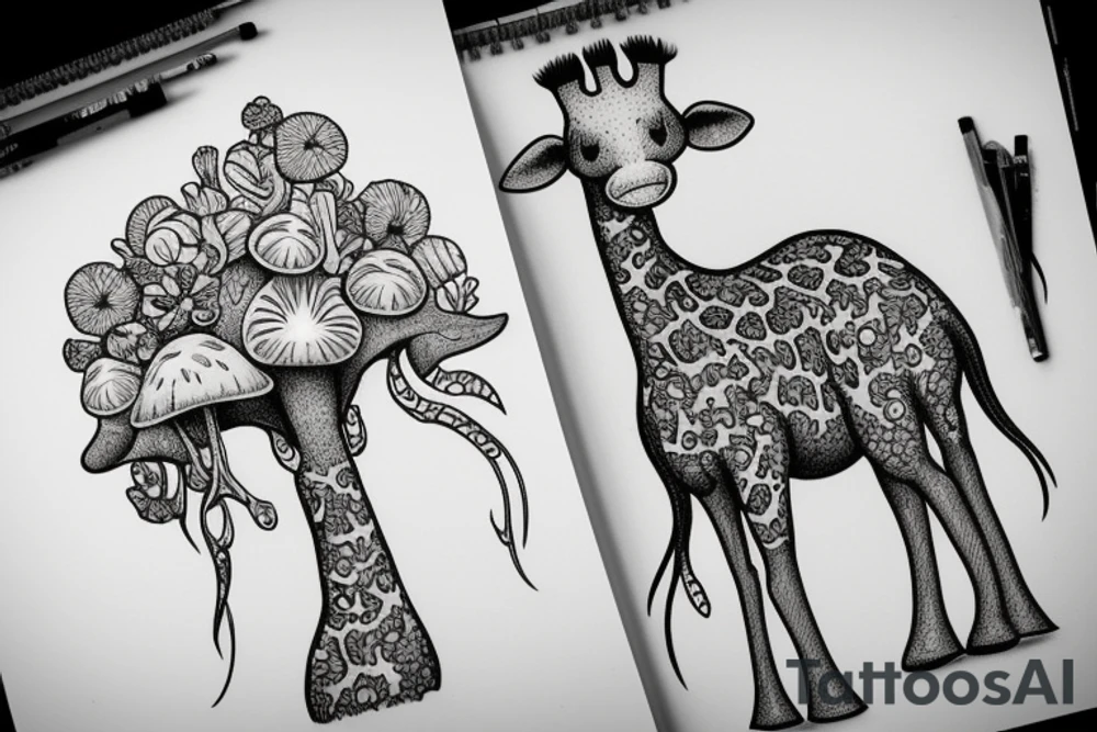 Girafffe with mushrooms growing out of it tattoo idea