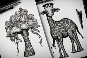 Girafffe with mushrooms growing out of it tattoo idea