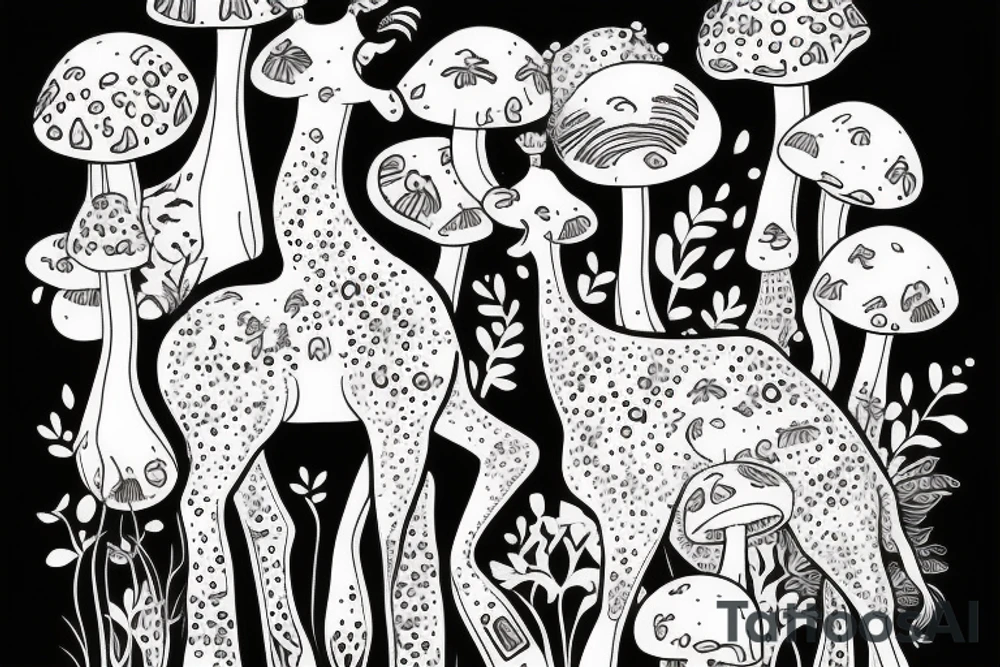 Girafffe with mushrooms growing out of it tattoo idea