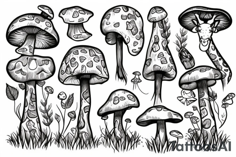 Giraffe with mushrooms growing out of it tattoo idea
